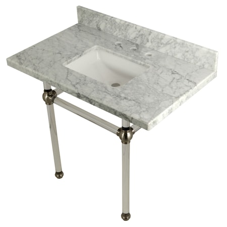 Kingston Brass 36" x 22" Carrara Marble Vanity Top with Clear Acrylic Console Legs, Carrara Marble/Brushed Nickel KVPB3630MASQ8